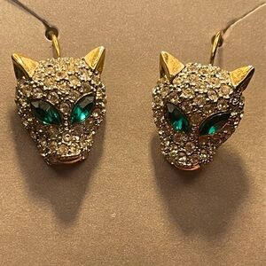 Gold Tone Jaguar Head Leverback Earrings W/ Pave Crystals & Marquise Green Eyes